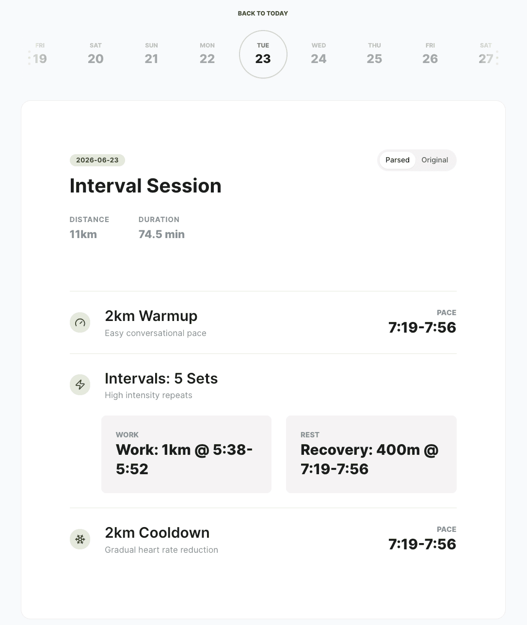Heavy Legs Club Today view showing an interval session with warmup, work, recovery, cooldown, and pace targets.